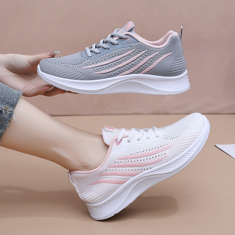 Knit Fabric Lace Up Sneakers - Damskie jesienne sneakersy z siateczkową cholewką,